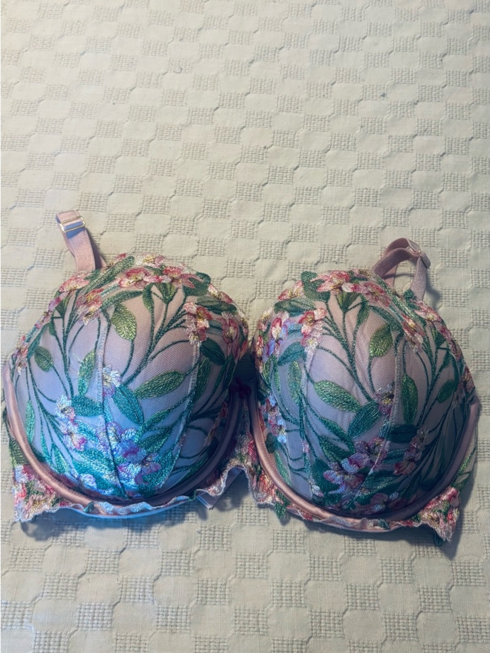 Victoria's Secret Pink Bra with Green Floral Embroidery Dream Angel Collection